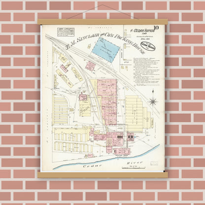Old map wall art mockup — magnetic wood frame on brick wall — Sanborn Fire Insurance Map from Cedar Rapids, Linn County, Iowa (1884), Sheet #0010