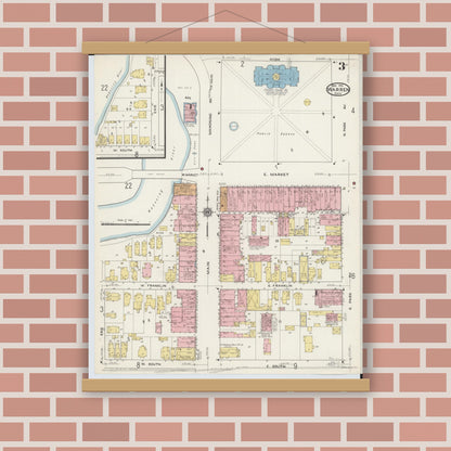 Old map wall art mockup — magnetic wood frame on brick wall — Sanborn Fire Insurance Map from Warren, Trumbull County, Ohio (1915), Sheet #0003