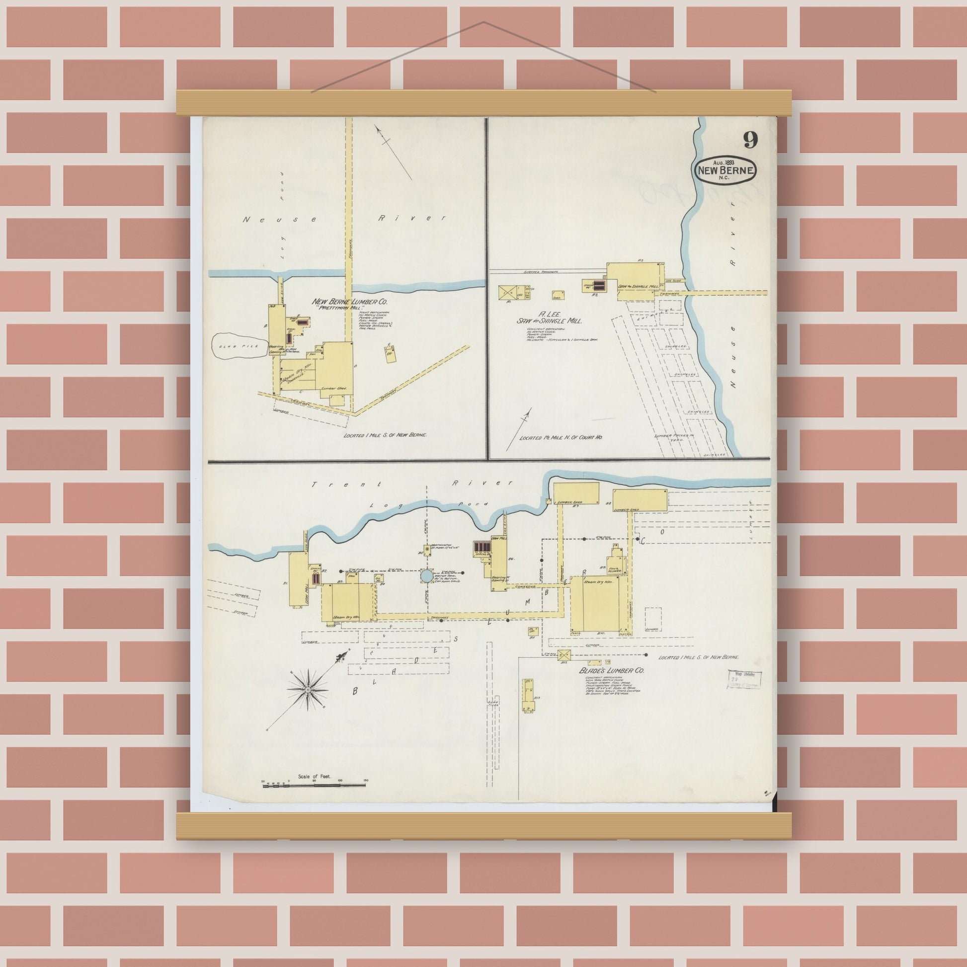 Old map wall art mockup — magnetic wood frame on brick wall — Sanborn Fire Insurance Map from New Bern, Craven County, North Carolina (1893), Sheet #0009