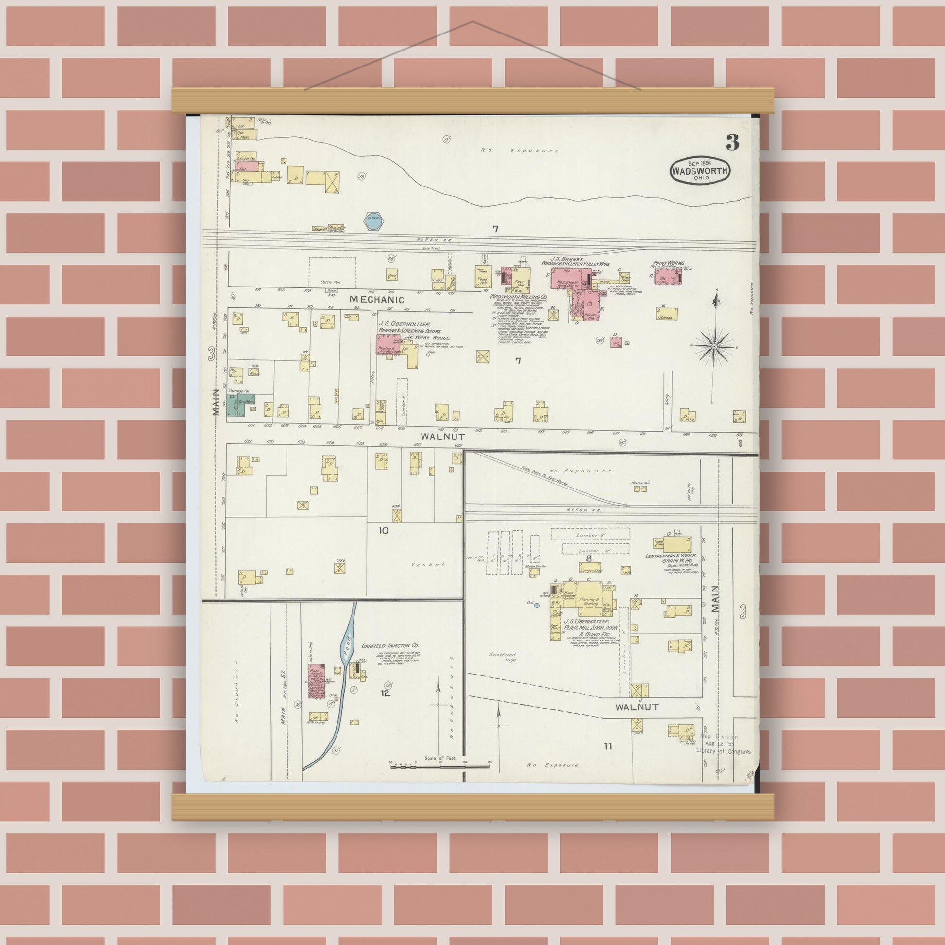 Old map wall art mockup — magnetic wood frame on brick wall — Sanborn Fire Insurance Map from Wadsworth, Medina County, Ohio (1893), Sheet #0003