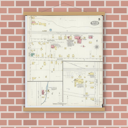 Old map wall art mockup — magnetic wood frame on brick wall — Sanborn Fire Insurance Map from Wadsworth, Medina County, Ohio (1893), Sheet #0003