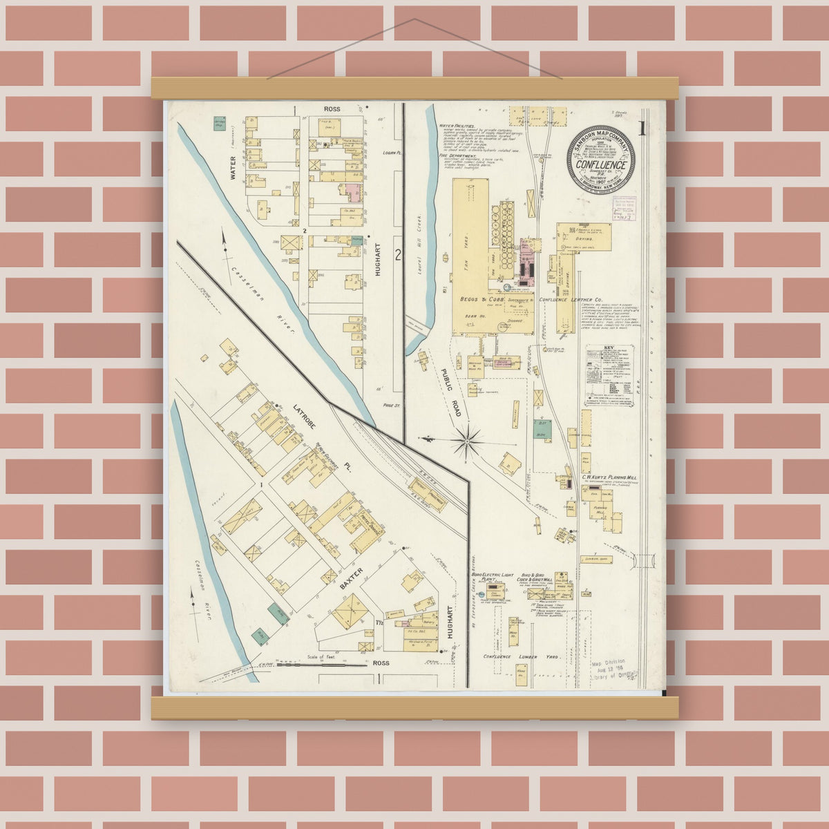 Old map wall art mockup — magnetic wood frame on brick wall — Sanborn Fire Insurance Map from Confluence, Somerset County, Pennsylvania (1907) - Complete Map Set