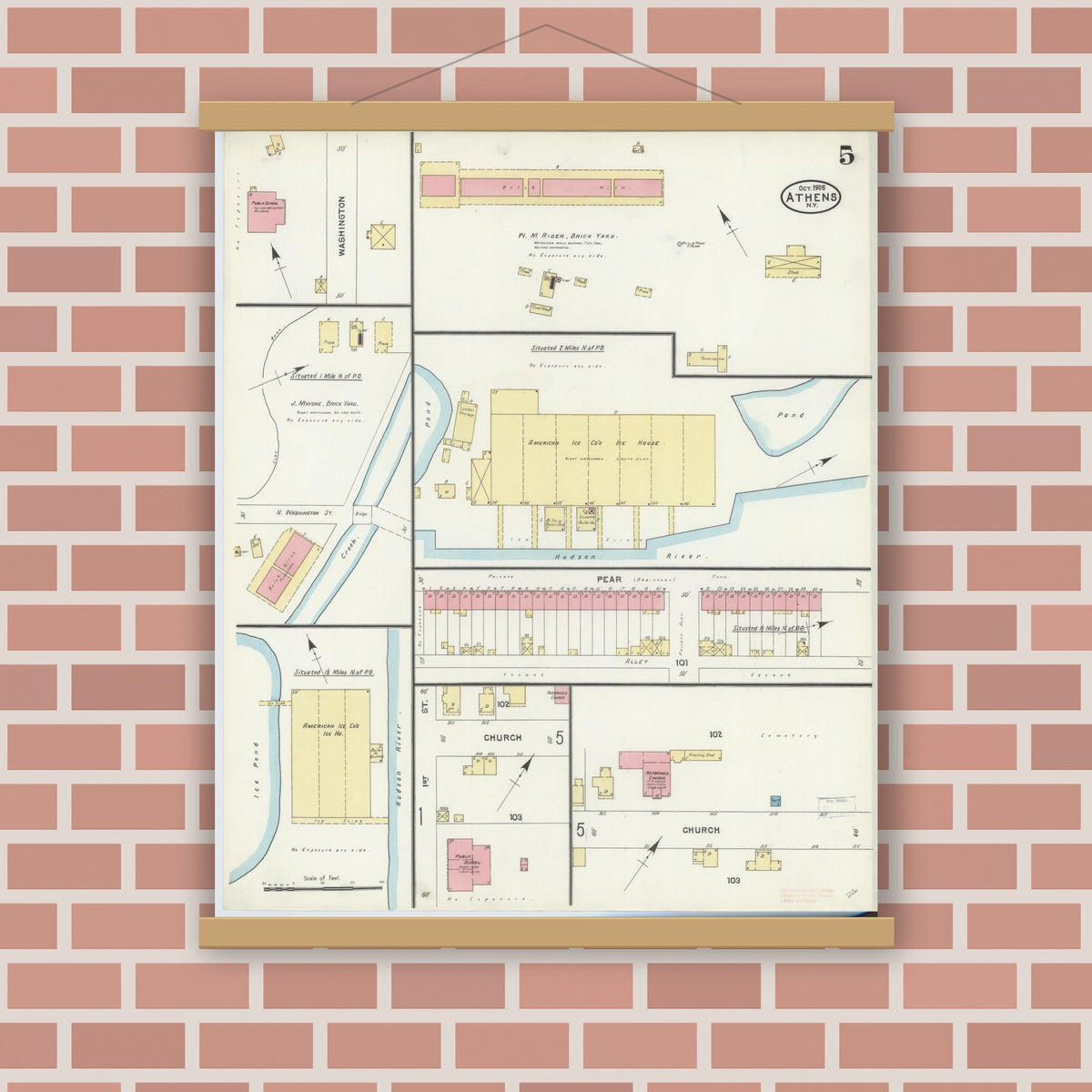 Old map wall art mockup — magnetic wood frame on brick wall — Sanborn Fire Insurance Map from Athens, Greene County, New York (1905), Sheet #0005