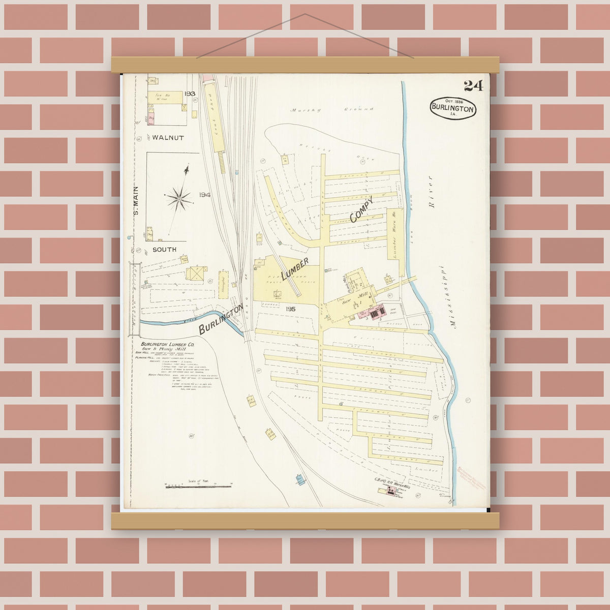Old map wall art mockup — magnetic wood frame on brick wall — Sanborn Fire Insurance Map from Burlington, Des Moines County, Iowa (1888), Sheet #0024