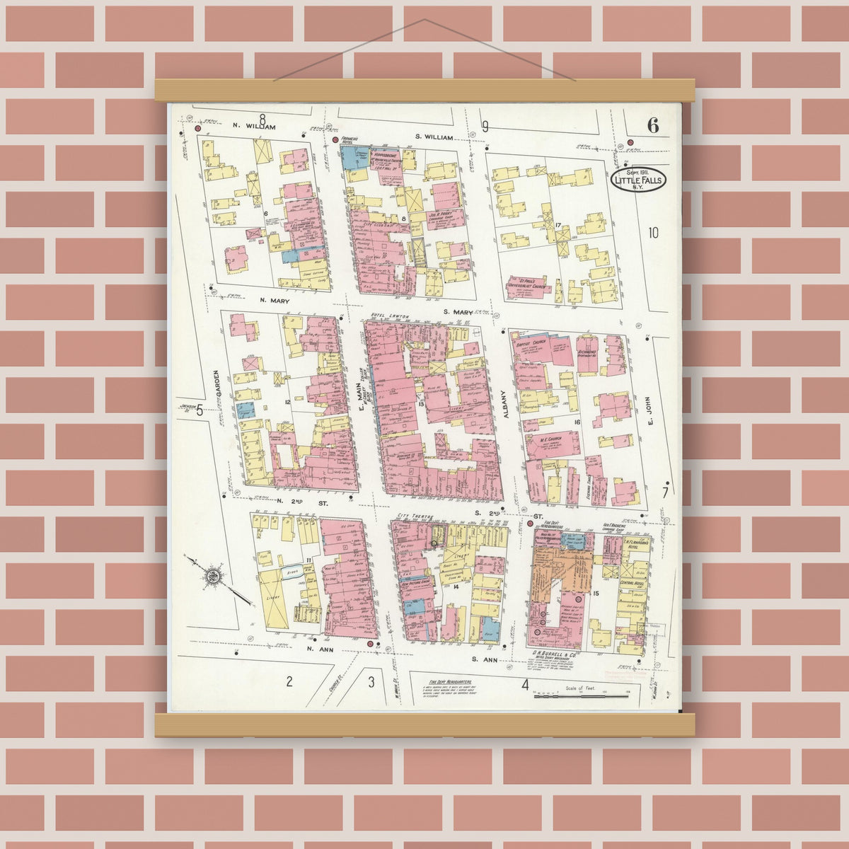 Old map wall art mockup — magnetic wood frame on brick wall — Sanborn Fire Insurance Map from Little Falls, Herkimer County, New York (1911), Sheet #0006