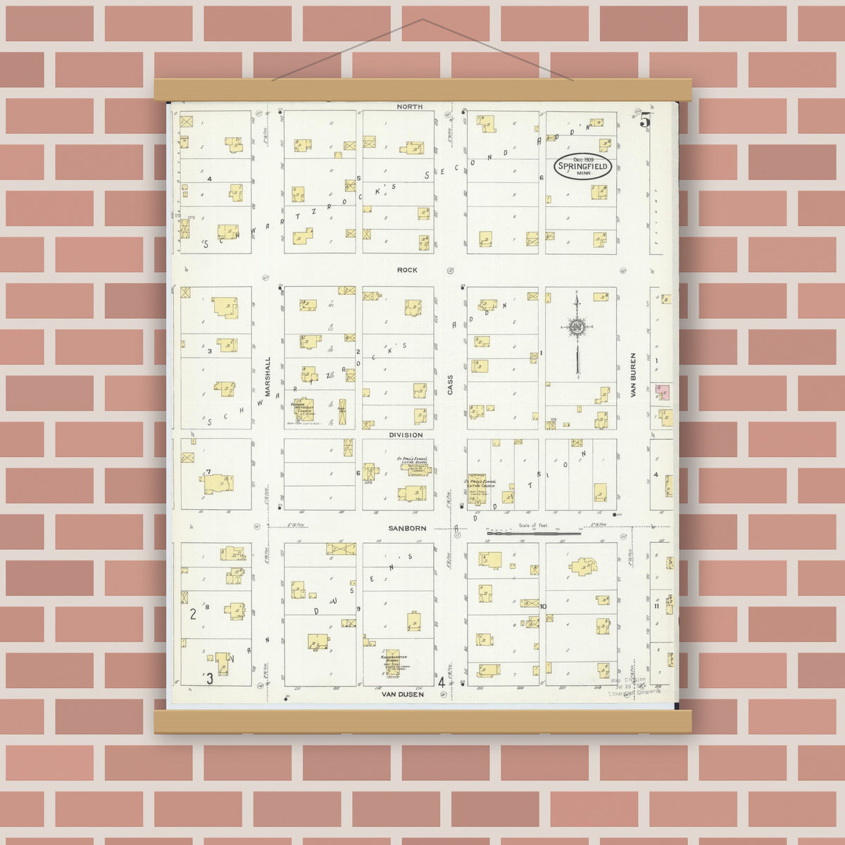 Old map wall art mockup — magnetic wood frame on brick wall — Sanborn Fire Insurance Map from Springfield, Brown County, Minnesota (1909), Sheet #0005