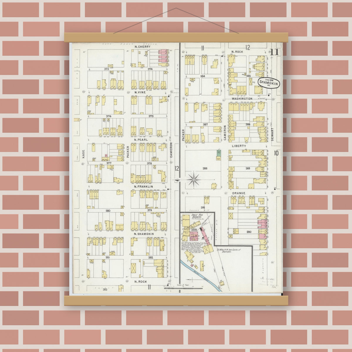 Old map wall art mockup — magnetic wood frame on brick wall — Sanborn Fire Insurance Map from Shamokin, Northumberland County, Pennsylvania (1896), Sheet #0011