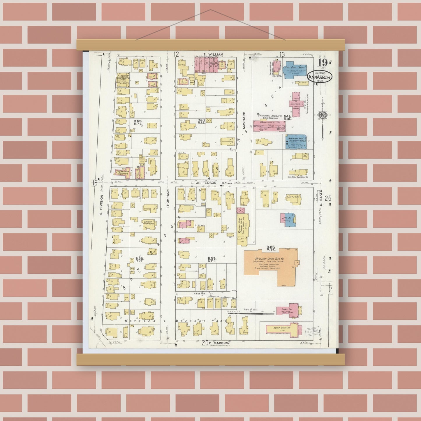 Old map wall art mockup — magnetic wood frame on brick wall — Sanborn Fire Insurance Map from Ann Arbor, Washtenaw County, Michigan (1916), Sheet #0019