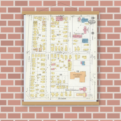 Old map wall art mockup — magnetic wood frame on brick wall — Sanborn Fire Insurance Map from Ann Arbor, Washtenaw County, Michigan (1916), Sheet #0019