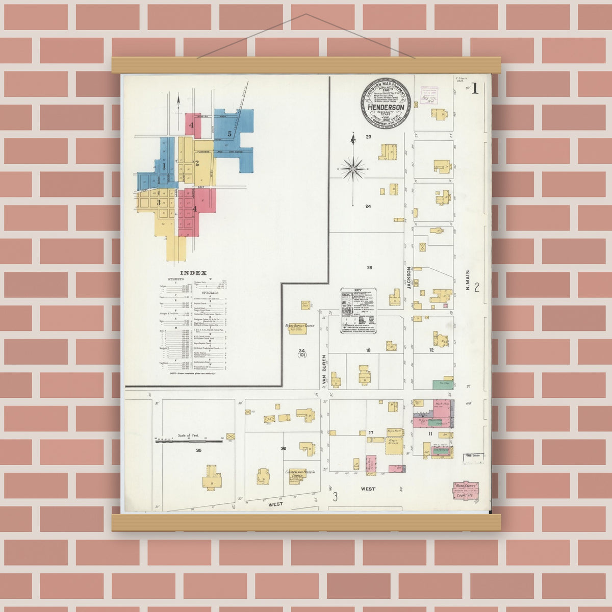 Old map wall art mockup — magnetic wood frame on brick wall — Sanborn Fire Insurance Map from Henderson, Rusk County, Texas (1906) - Complete Map Set