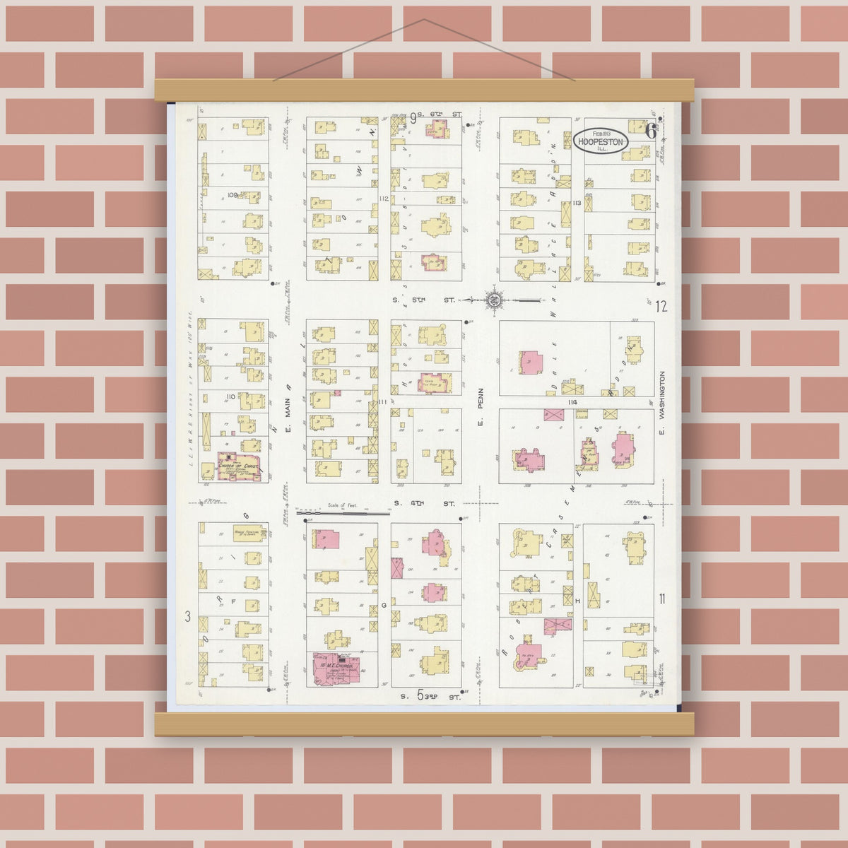 Old map wall art mockup — magnetic wood frame on brick wall — Sanborn Fire Insurance Map from Hoopeston, Vermilion County, Illinois (1913), Sheet #0006