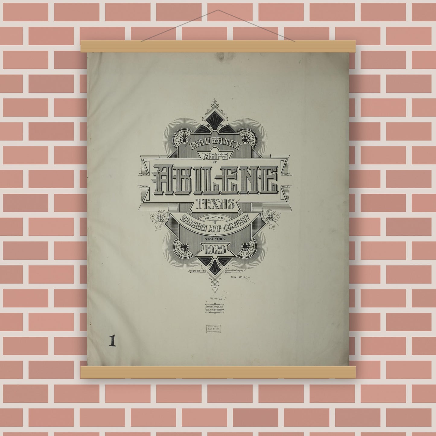 Old map wall art mockup — magnetic wood frame on brick wall — Sanborn Fire Insurance Map from Abilene, Taylor County, Texas (1929), Sheet #0001