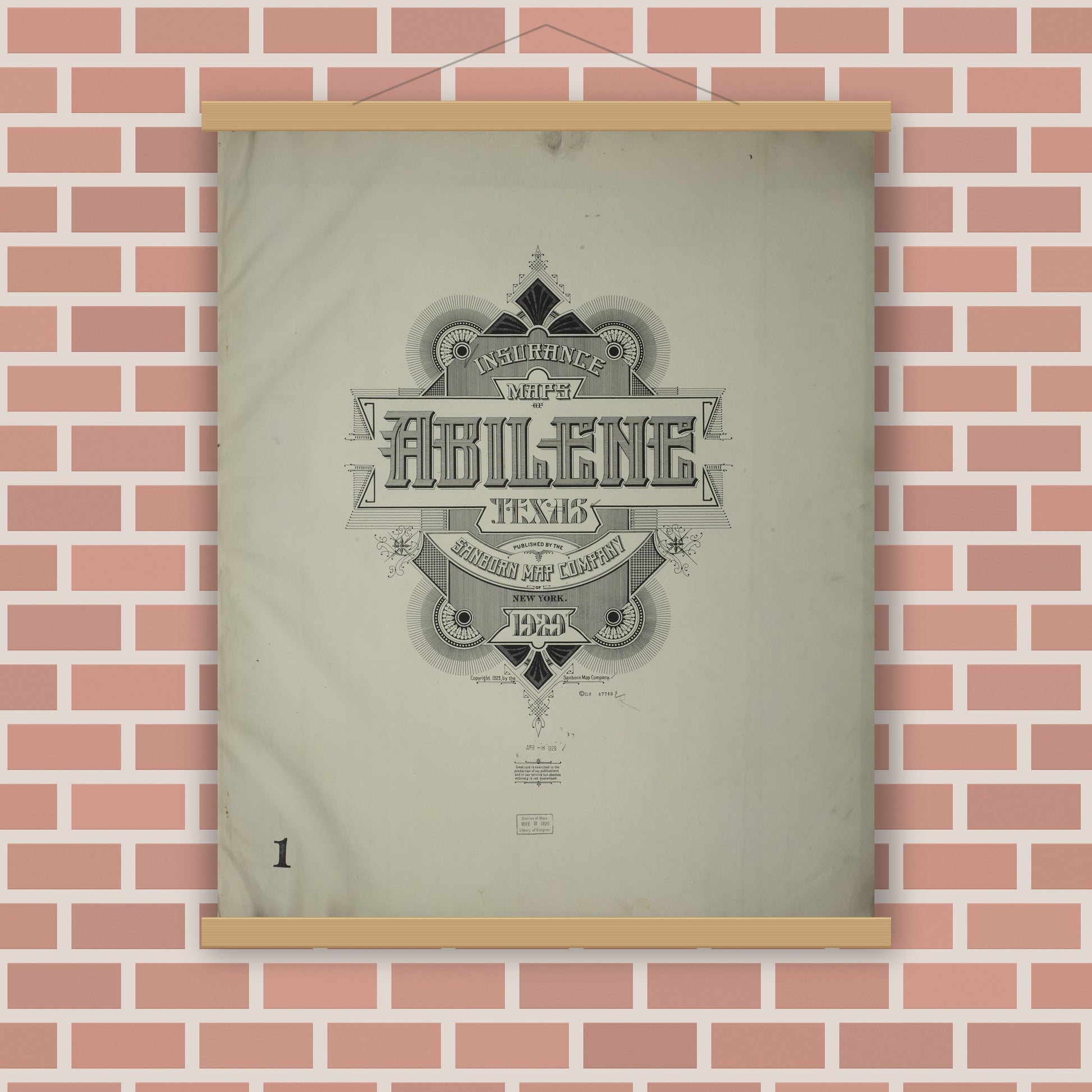 Old map wall art mockup — magnetic wood frame on brick wall — Sanborn Fire Insurance Map from Abilene, Taylor County, Texas (1929), Sheet #0001