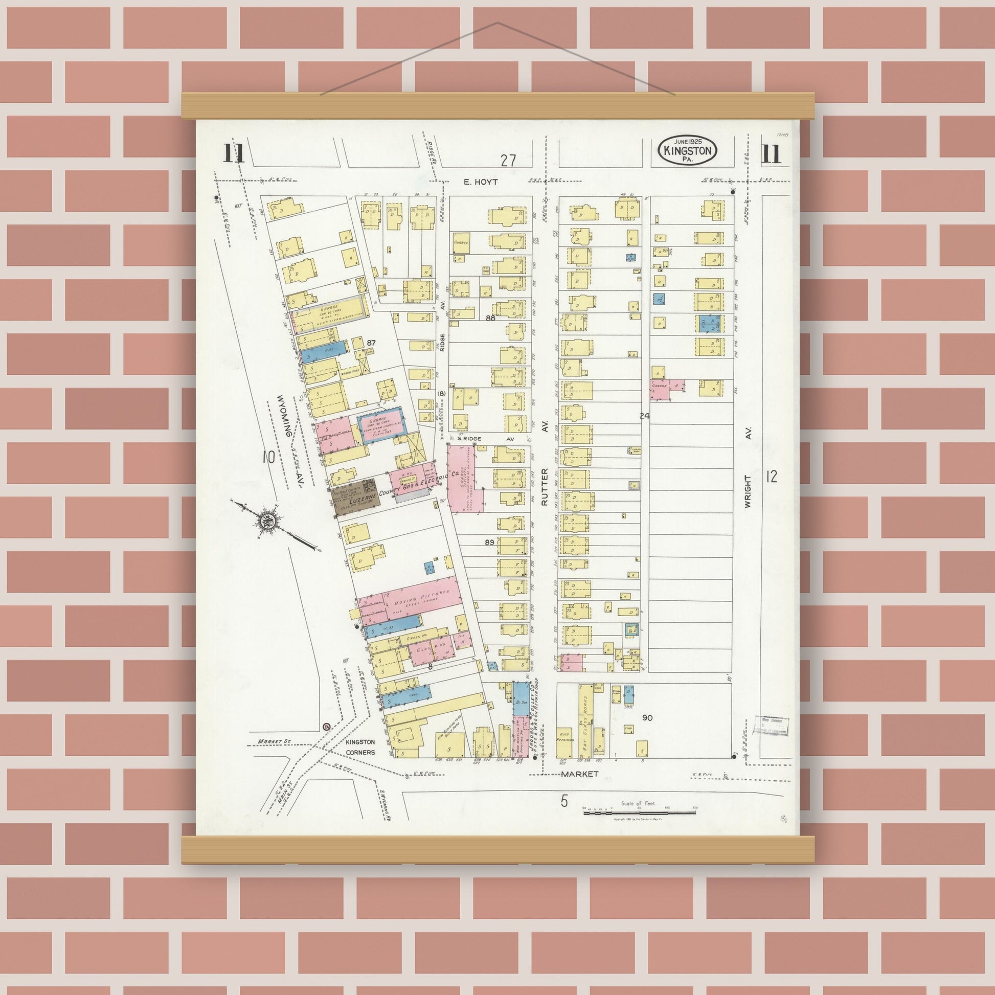 Old map wall art mockup — magnetic wood frame on brick wall — Sanborn Fire Insurance Map from Kingston, Luzerne County, Pennsylvania (1925), Sheet #0011