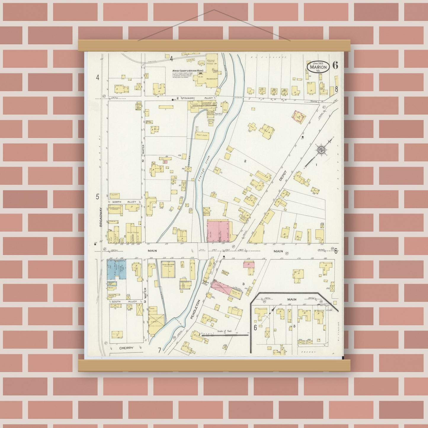 Old map wall art mockup — magnetic wood frame on brick wall — Sanborn Fire Insurance Map from Marion, Smyth County, Virginia (1913), Sheet #0006