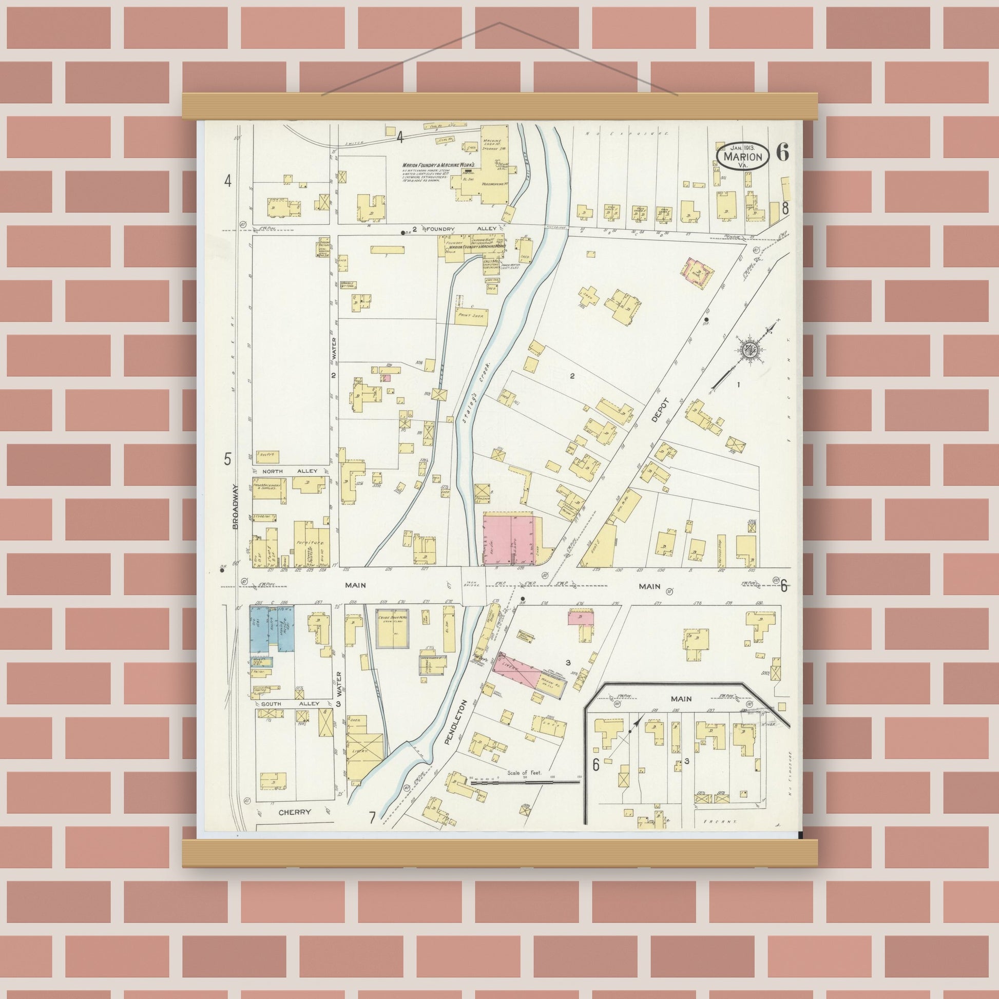 Old map wall art mockup — magnetic wood frame on brick wall — Sanborn Fire Insurance Map from Marion, Smyth County, Virginia (1913), Sheet #0006