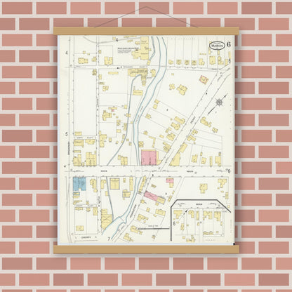 Old map wall art mockup — magnetic wood frame on brick wall — Sanborn Fire Insurance Map from Marion, Smyth County, Virginia (1913), Sheet #0006