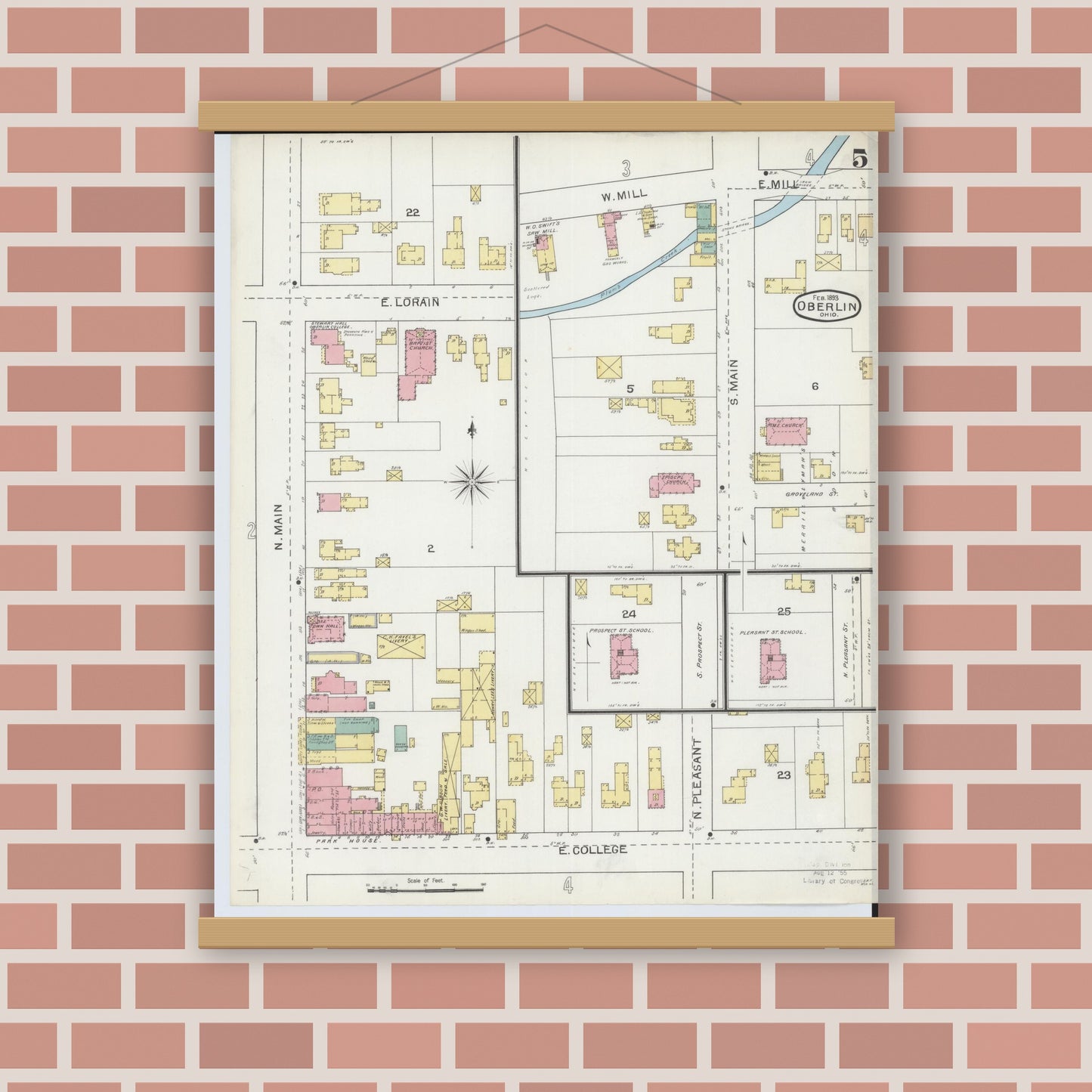 Old map wall art mockup — magnetic wood frame on brick wall — Sanborn Fire Insurance Map from Oberlin, Lorain County, Ohio (1893), Sheet #0005