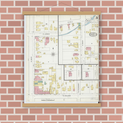 Old map wall art mockup — magnetic wood frame on brick wall — Sanborn Fire Insurance Map from Oberlin, Lorain County, Ohio (1893), Sheet #0005