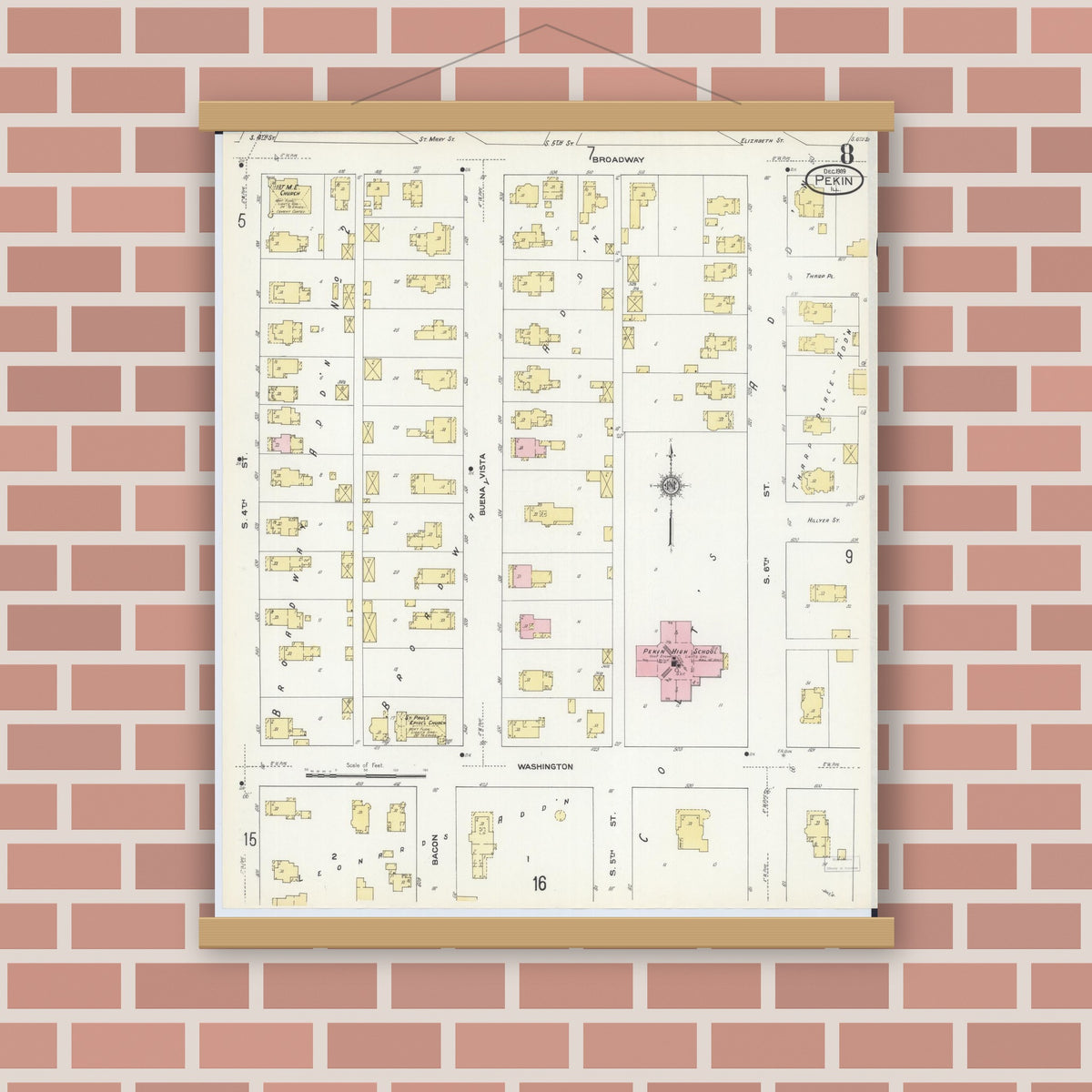 Old map wall art mockup — magnetic wood frame on brick wall — Sanborn Fire Insurance Map from Pekin, Tazewell County, Illinois (1909), Sheet #0008