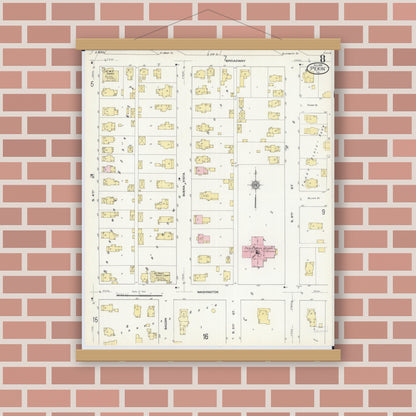 Old map wall art mockup — magnetic wood frame on brick wall — Sanborn Fire Insurance Map from Pekin, Tazewell County, Illinois (1909), Sheet #0008