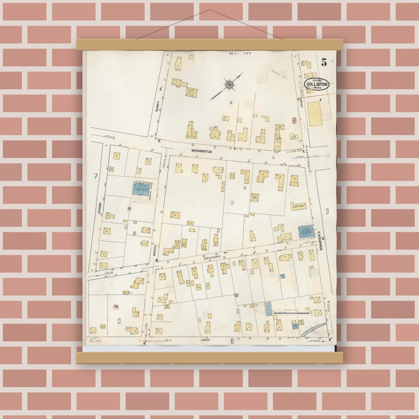 Old map wall art mockup — magnetic wood frame on brick wall — Sanborn Fire Insurance Map from Holliston, Middlesex County, Massachusetts (1942), Sheet #0005