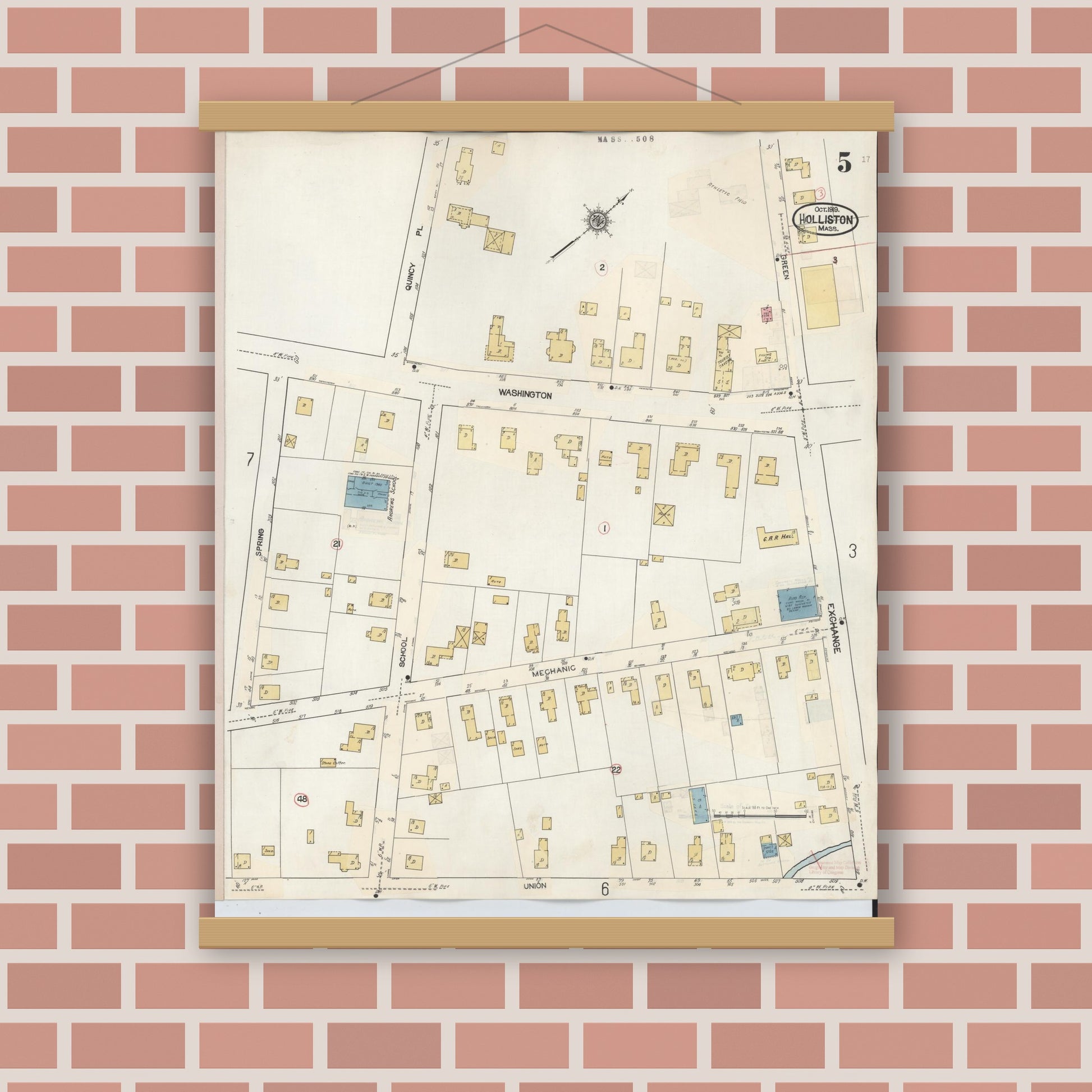 Old map wall art mockup — magnetic wood frame on brick wall — Sanborn Fire Insurance Map from Holliston, Middlesex County, Massachusetts (1942), Sheet #0005