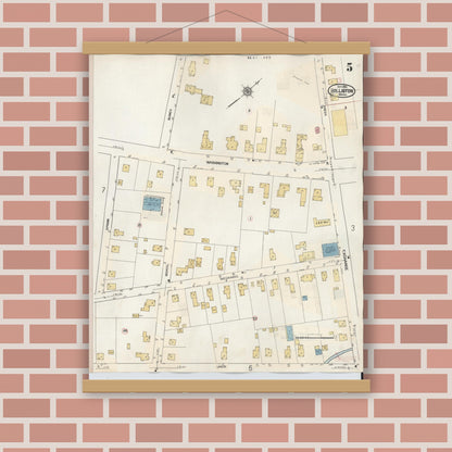 Old map wall art mockup — magnetic wood frame on brick wall — Sanborn Fire Insurance Map from Holliston, Middlesex County, Massachusetts (1942), Sheet #0005