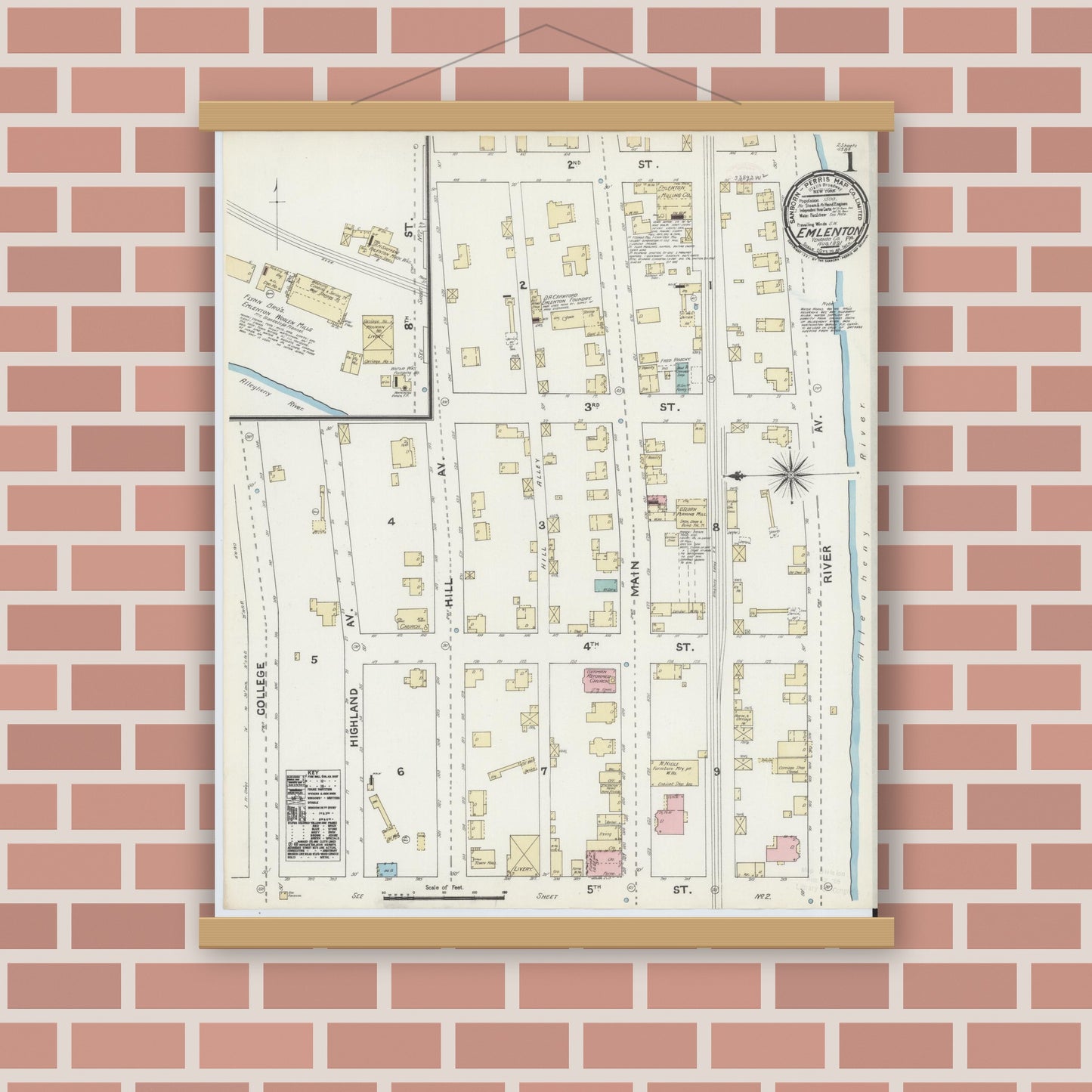 Old map wall art mockup — magnetic wood frame on brick wall — Sanborn Fire Insurance Map from Emlenton, Venango County, Pennsylvania (1891) - Complete Map Set
