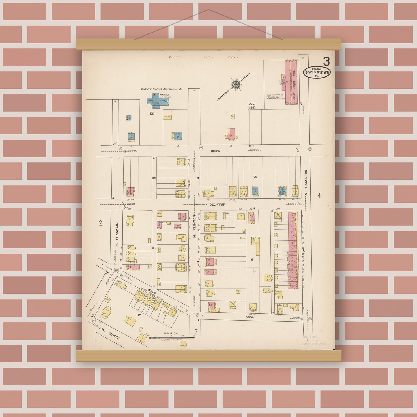 Old map wall art mockup — magnetic wood frame on brick wall — Sanborn Fire Insurance Map from Doylestown, Bucks County, Pennsylvania (1922), Sheet #0003
