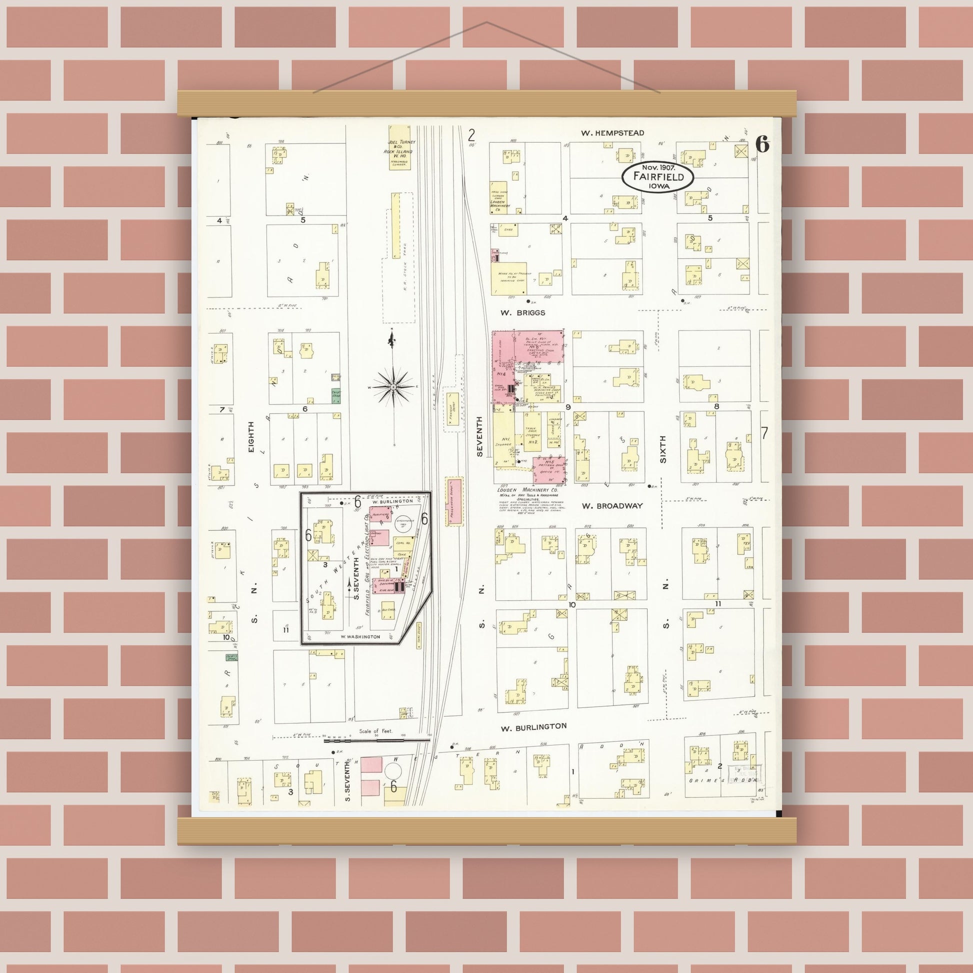Old map wall art mockup — magnetic wood frame on brick wall — Sanborn Fire Insurance Map from Fairfield, Jefferson County, Iowa (1907), Sheet #0006