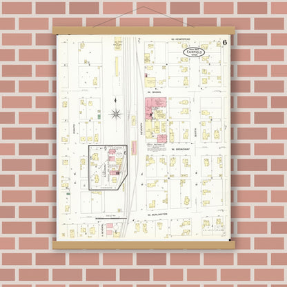 Old map wall art mockup — magnetic wood frame on brick wall — Sanborn Fire Insurance Map from Fairfield, Jefferson County, Iowa (1907), Sheet #0006