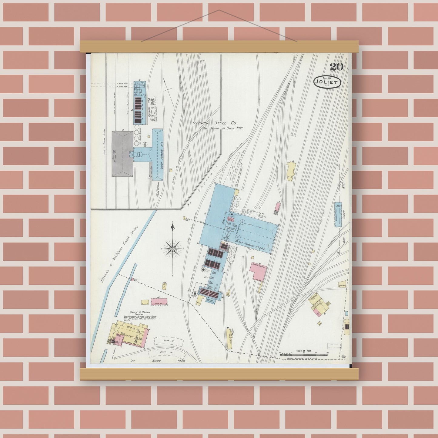 Old map wall art mockup — magnetic wood frame on brick wall — Sanborn Fire Insurance Map from Joliet, Will County, Illinois (1891), Sheet #0020