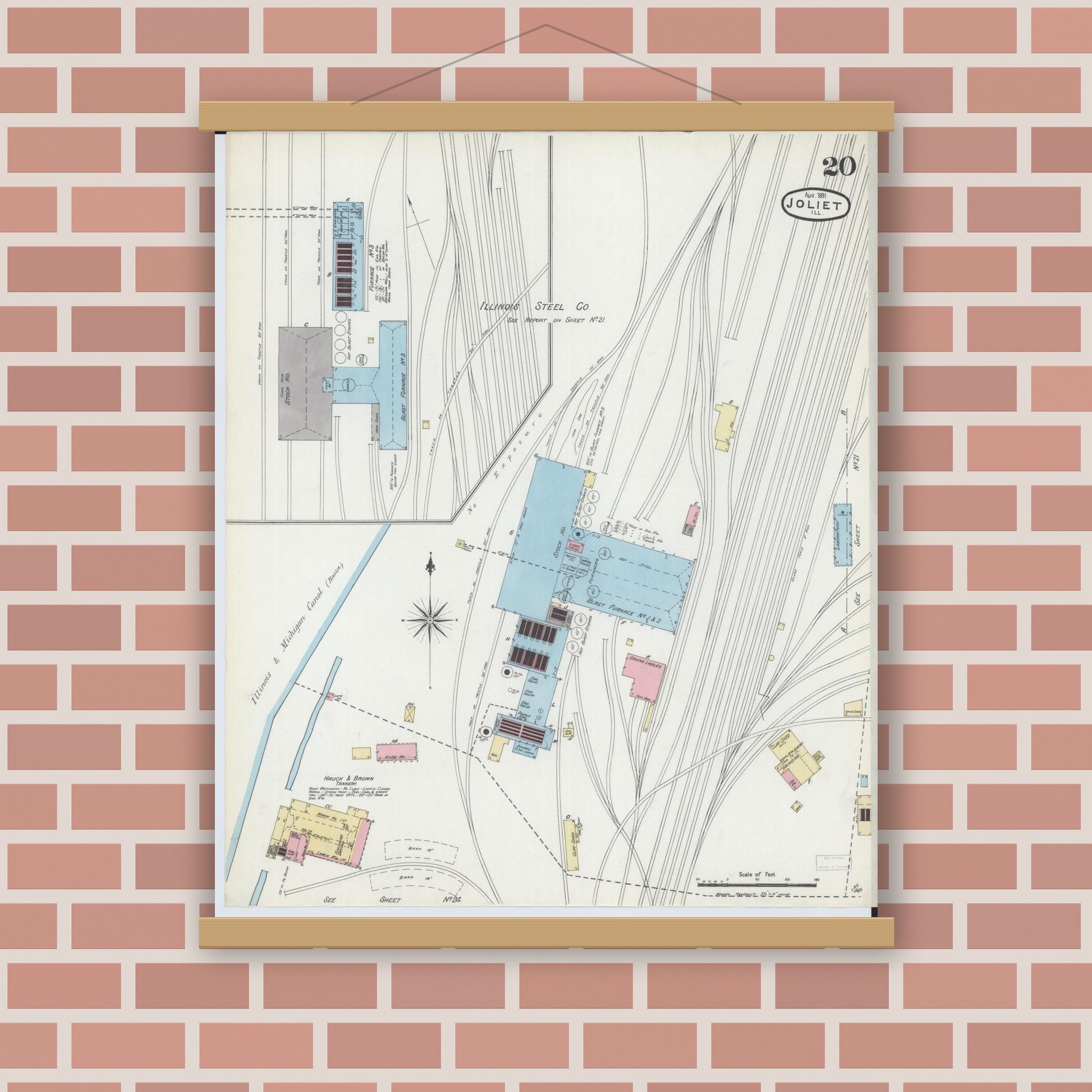 Old map wall art mockup — magnetic wood frame on brick wall — Sanborn Fire Insurance Map from Joliet, Will County, Illinois (1891), Sheet #0020