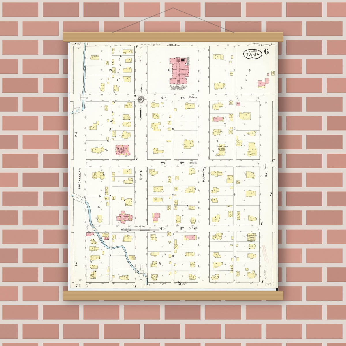Old map wall art mockup — magnetic wood frame on brick wall — Sanborn Fire Insurance Map from Tama, Tama County, Iowa (1915), Sheet #0006