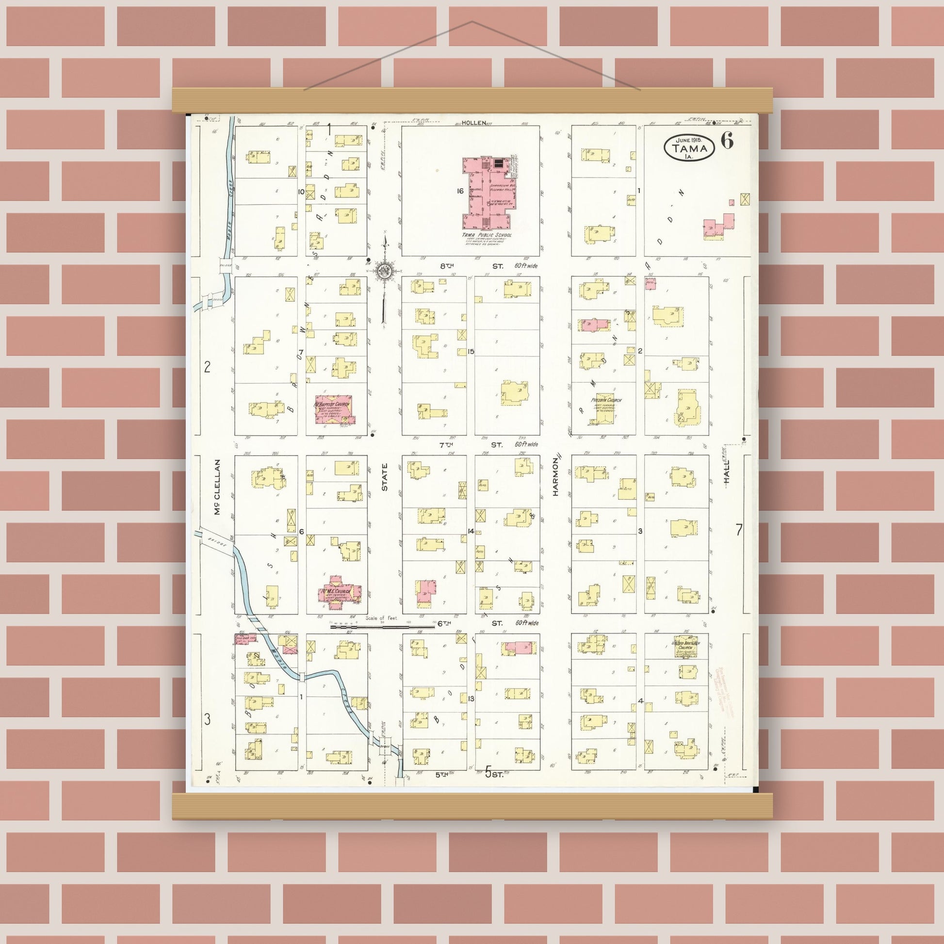 Old map wall art mockup — magnetic wood frame on brick wall — Sanborn Fire Insurance Map from Tama, Tama County, Iowa (1915), Sheet #0006