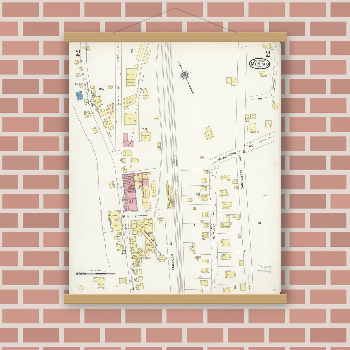 Old map wall art mockup — magnetic wood frame on brick wall — Sanborn Fire Insurance Map from Mount Kisco, Westchester County, New York (1925), Sheet #0002