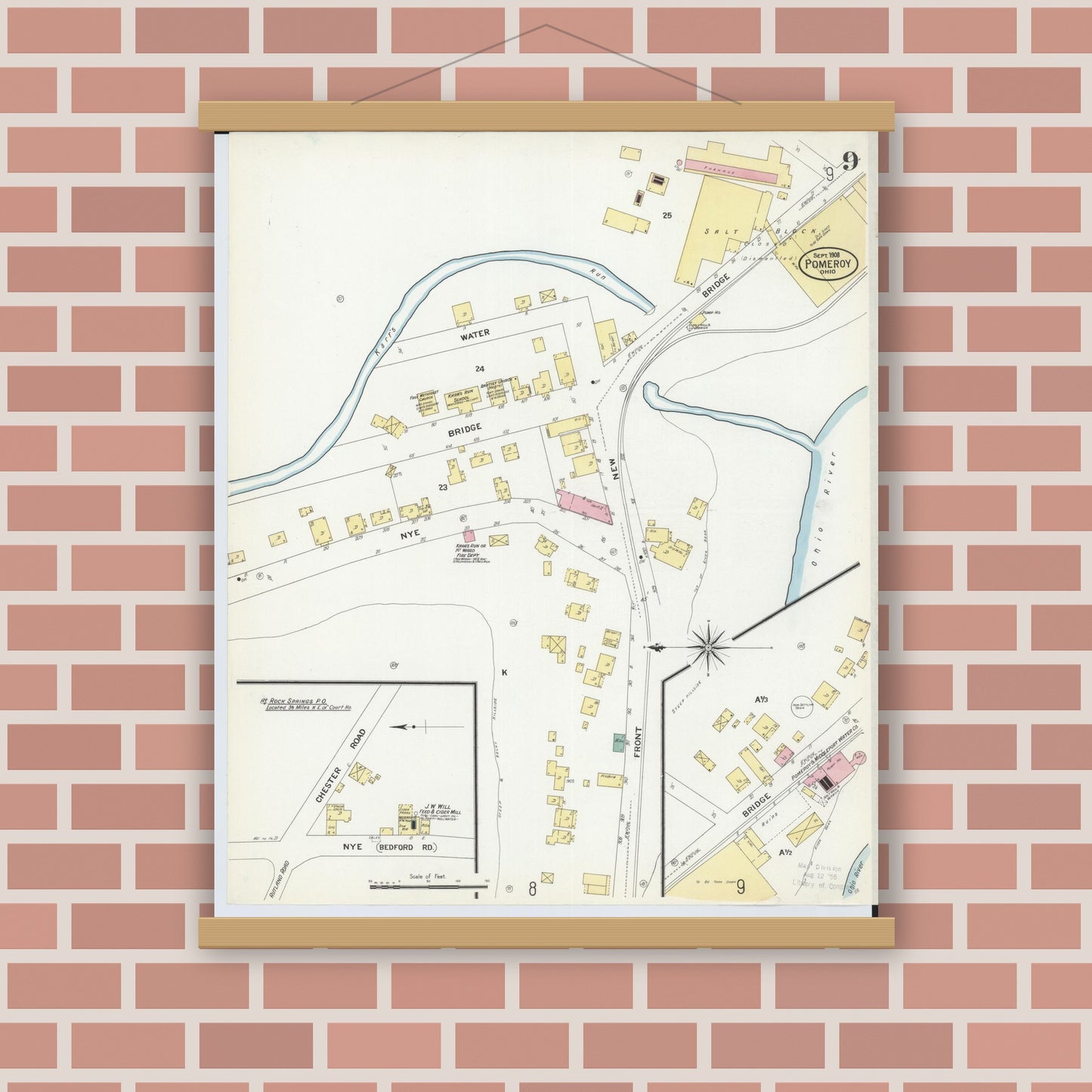 Old map wall art mockup — magnetic wood frame on brick wall — Sanborn Fire Insurance Map from Pomeroy, Meigs County, Ohio (1908), Sheet #0009