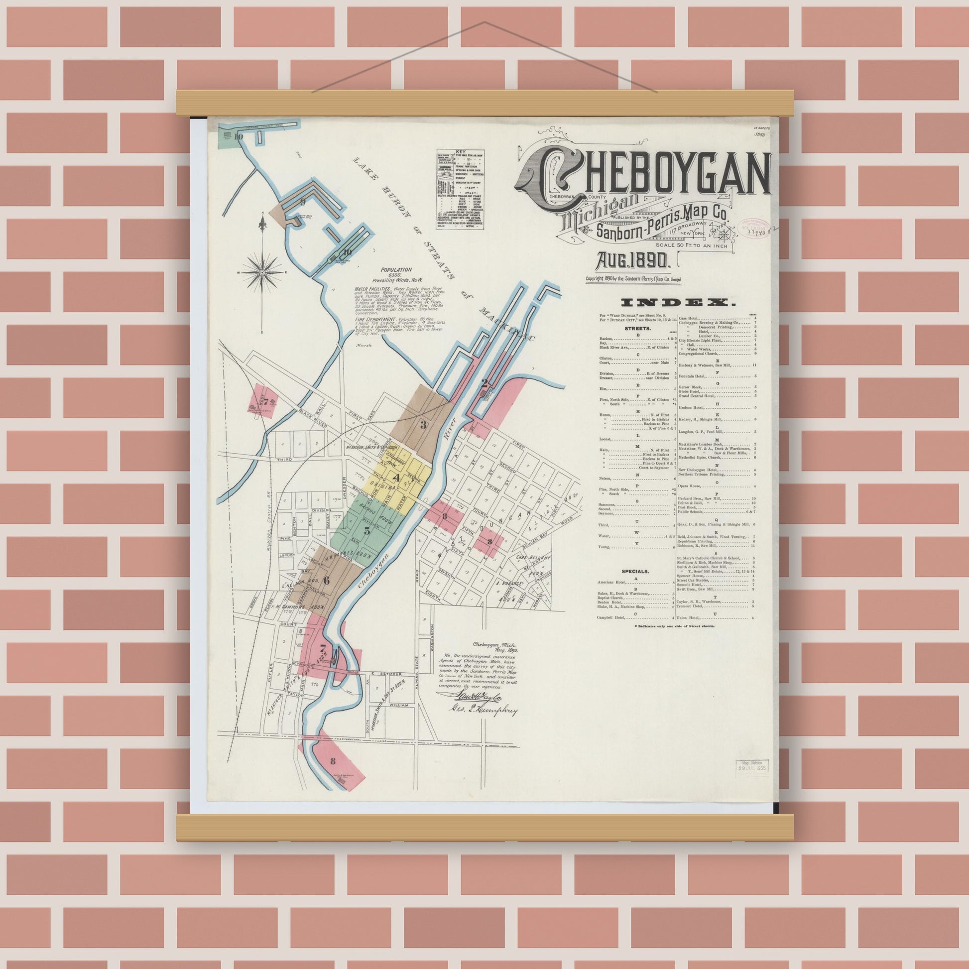 Old map wall art mockup — magnetic wood frame on brick wall — Sanborn Fire Insurance Map from Cheboygan, Cheboygan County, Michigan (1890) - Complete Map Set