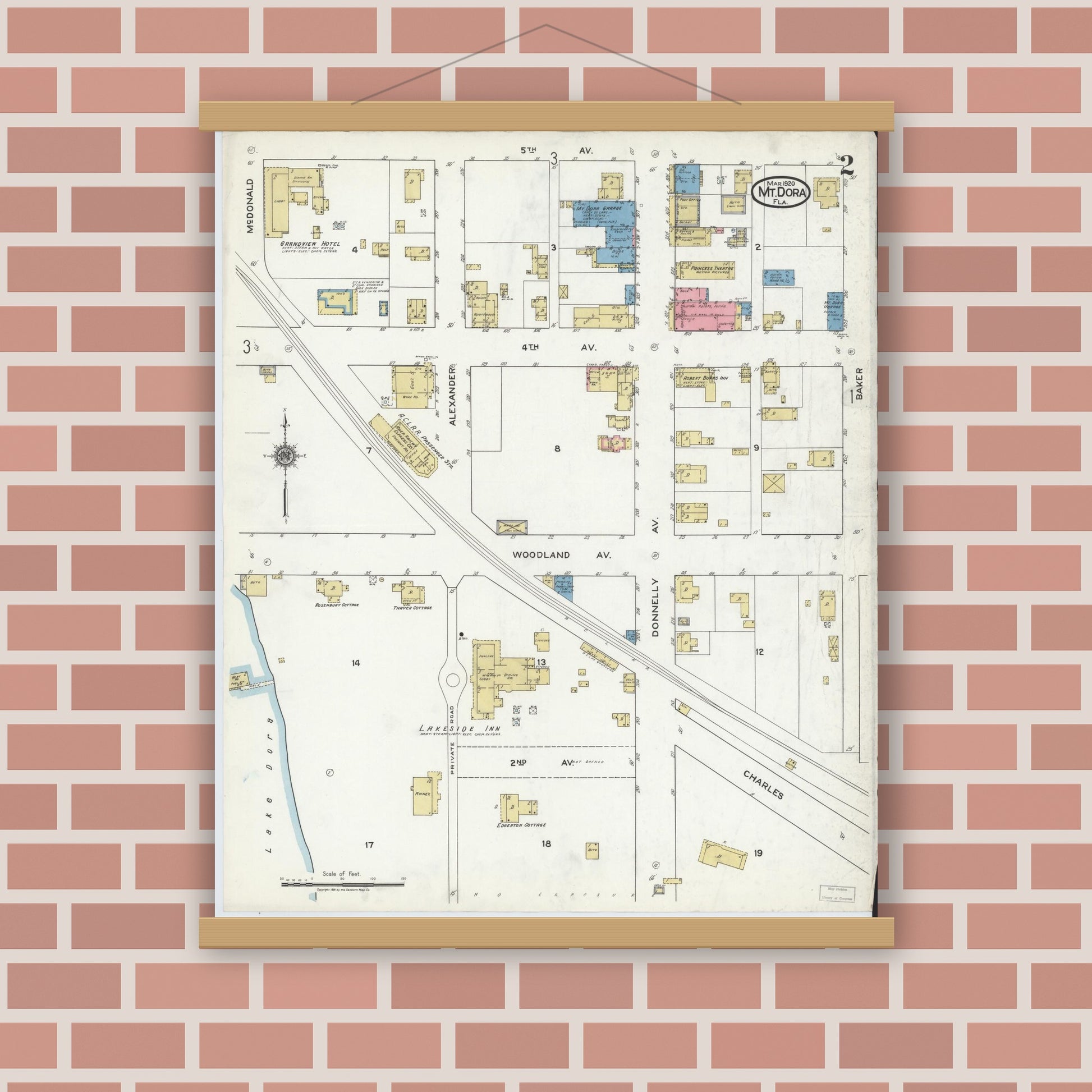 Old map wall art mockup — magnetic wood frame on brick wall — Sanborn Fire Insurance Map from Mount Dora, Lake County, Florida (1920), Sheet #0002