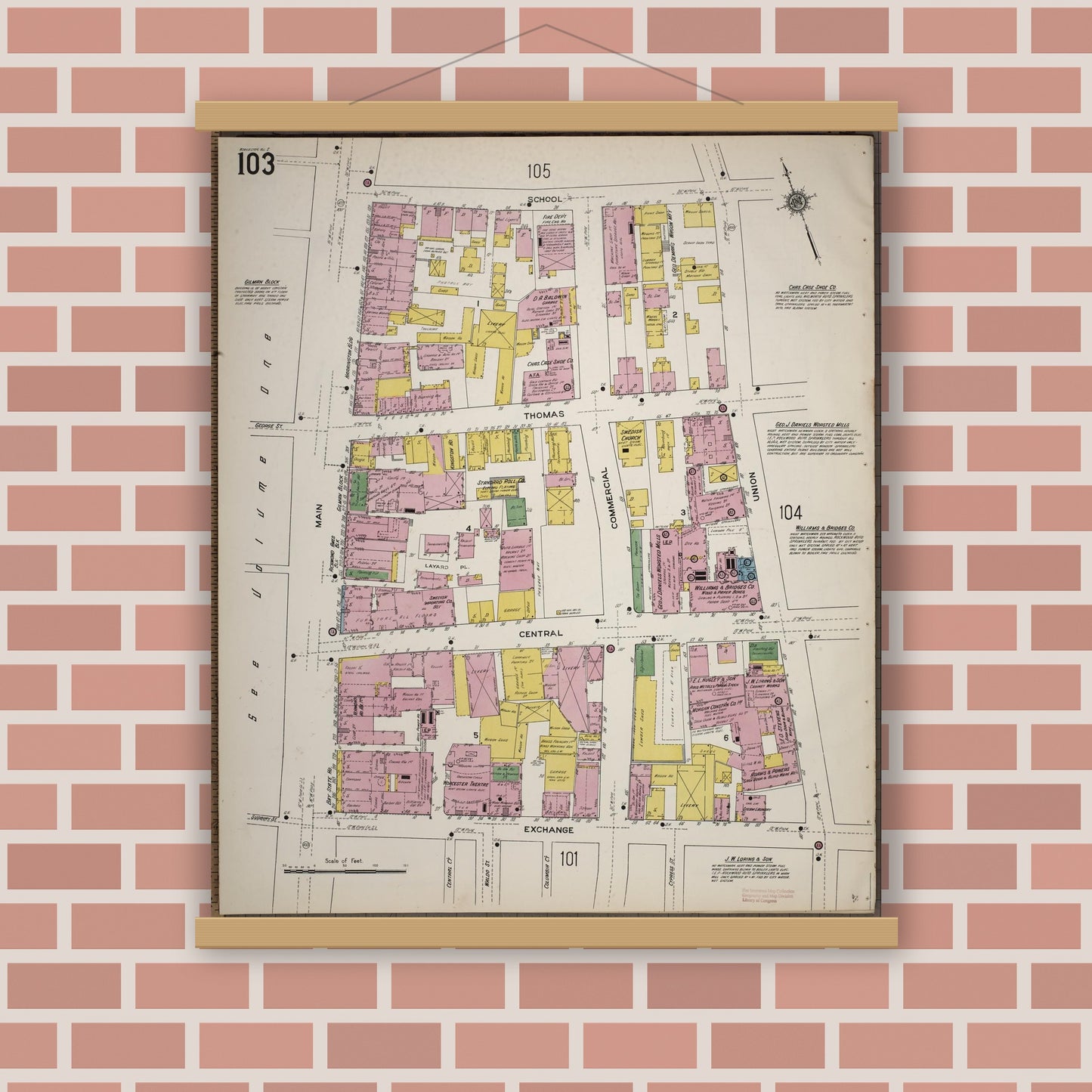Old map wall art mockup — magnetic wood frame on brick wall — Sanborn Fire Insurance Map from Worcester, Worcester County, Massachusetts (1910), Sheet #0103