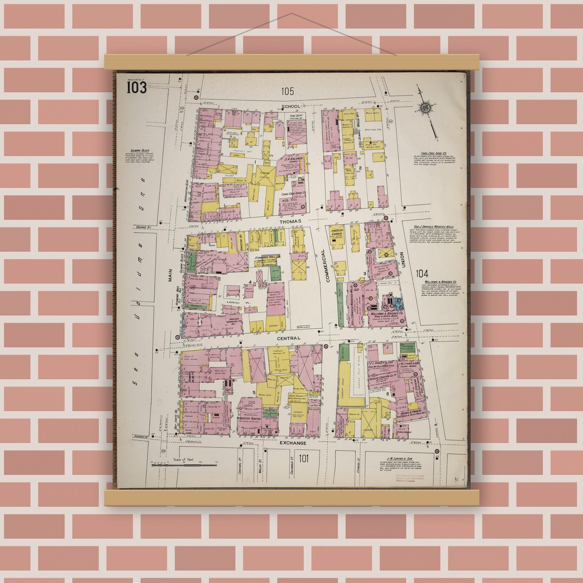 Old map wall art mockup — magnetic wood frame on brick wall — Sanborn Fire Insurance Map from Worcester, Worcester County, Massachusetts (1910), Sheet #0103
