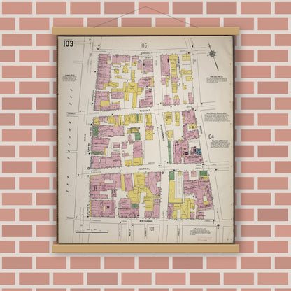 Old map wall art mockup — magnetic wood frame on brick wall — Sanborn Fire Insurance Map from Worcester, Worcester County, Massachusetts (1910), Sheet #0103