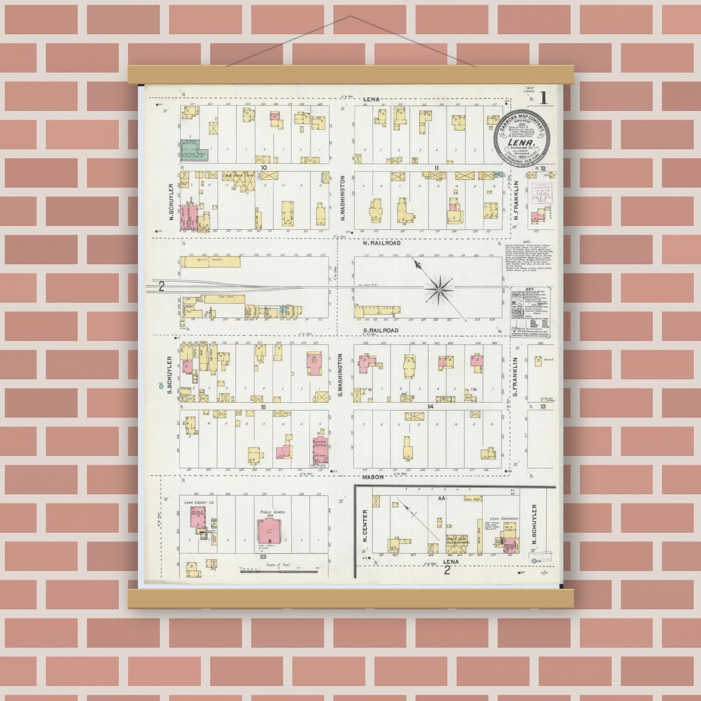 Old map wall art mockup — magnetic wood frame on brick wall — Sanborn Fire Insurance Map from Lena, Stephenson County, Illinois (1904), Sheet #0001