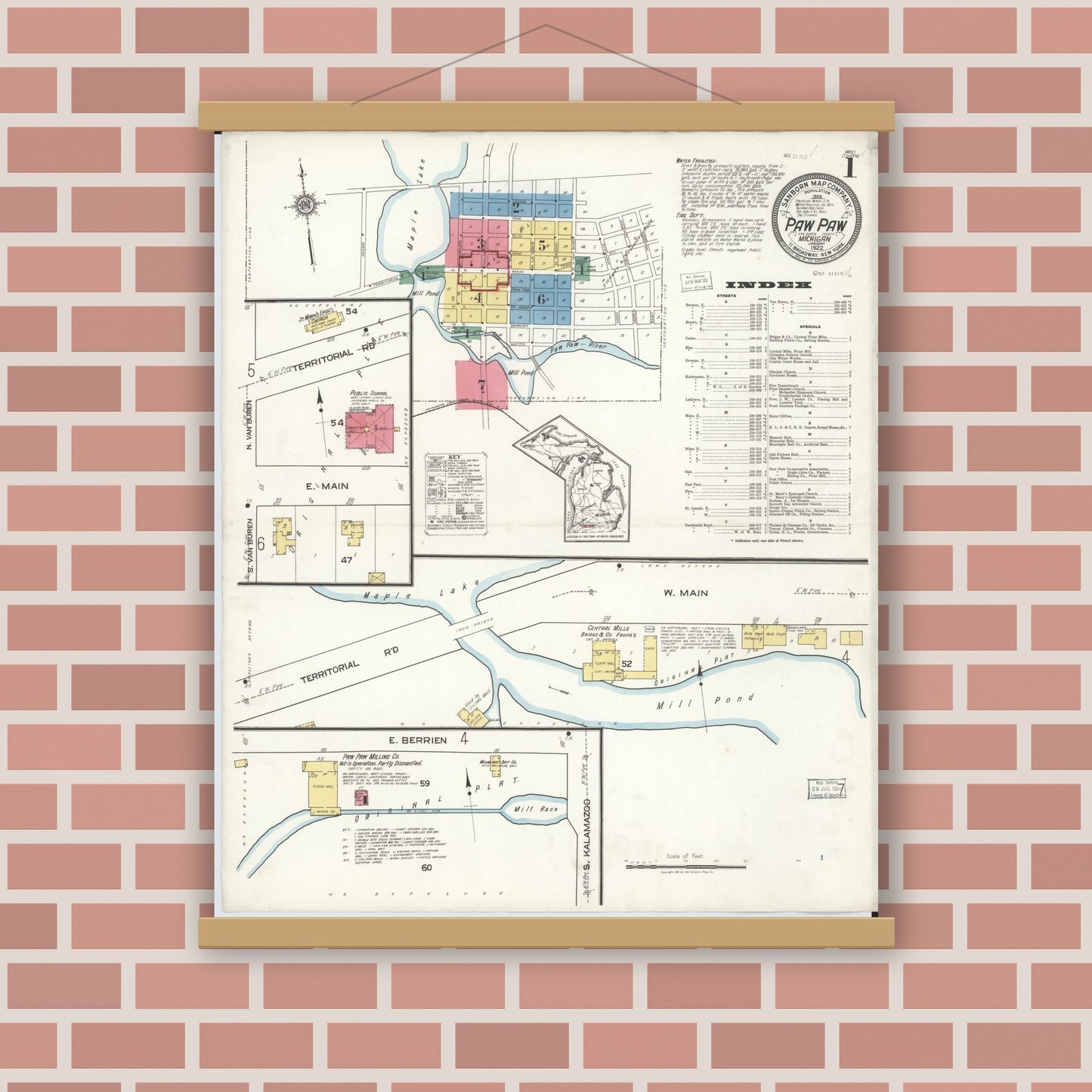 Old map wall art mockup — magnetic wood frame on brick wall — Sanborn Fire Insurance Map from Paw Paw, Van Buren County, Michigan (1922) - Complete Map Set