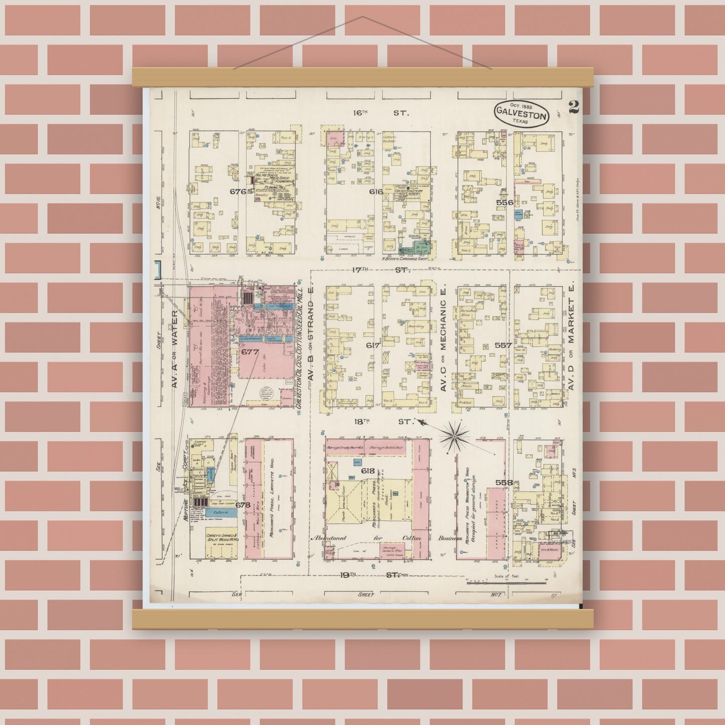 Old map wall art mockup — magnetic wood frame on brick wall — Sanborn Fire Insurance Map from Galveston, Galveston County, Texas (1885), Sheet #0002