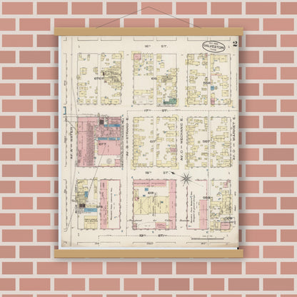 Old map wall art mockup — magnetic wood frame on brick wall — Sanborn Fire Insurance Map from Galveston, Galveston County, Texas (1885), Sheet #0002