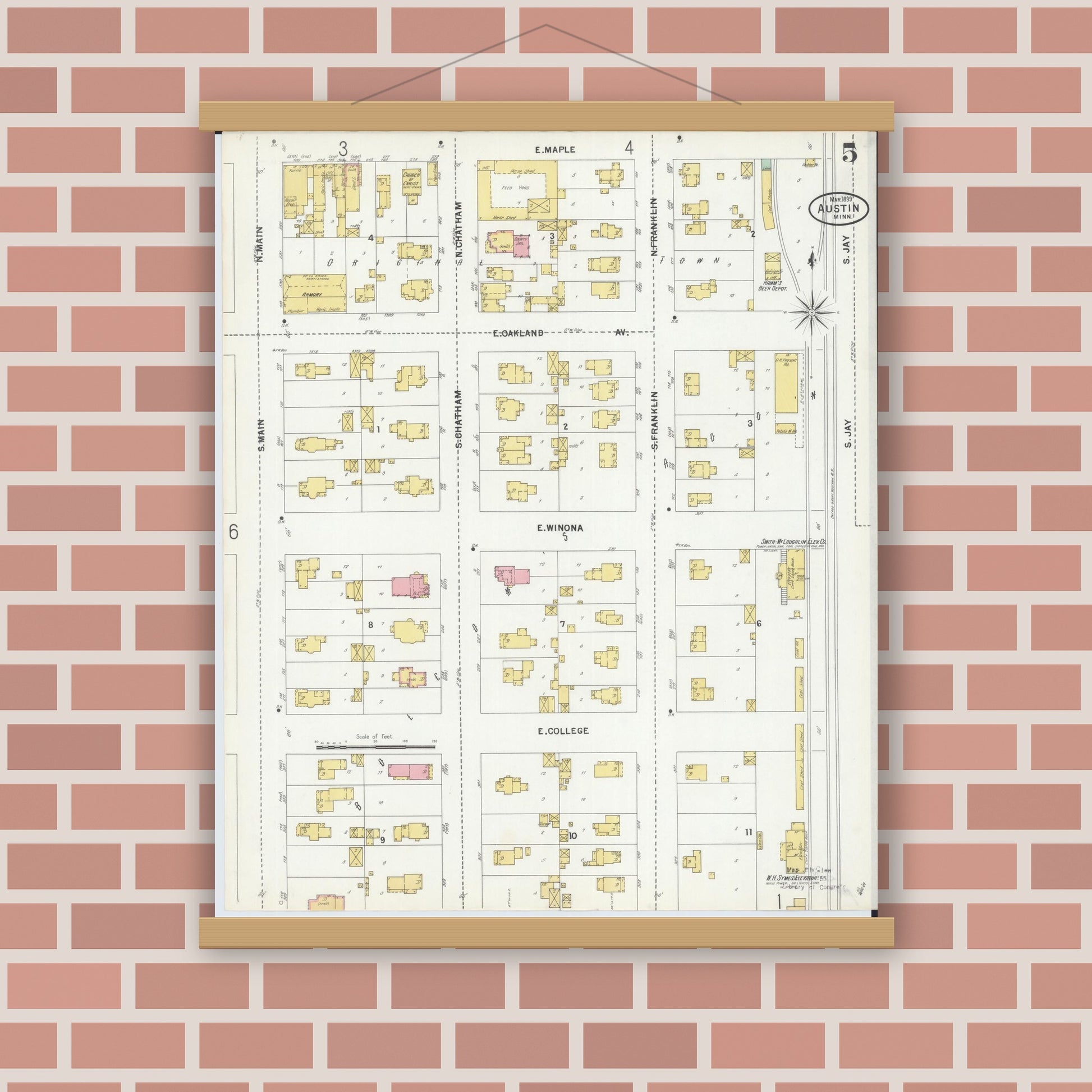 Old map wall art mockup — magnetic wood frame on brick wall — Sanborn Fire Insurance Map from Austin, Mower County, Minnesota (1899), Sheet #0005