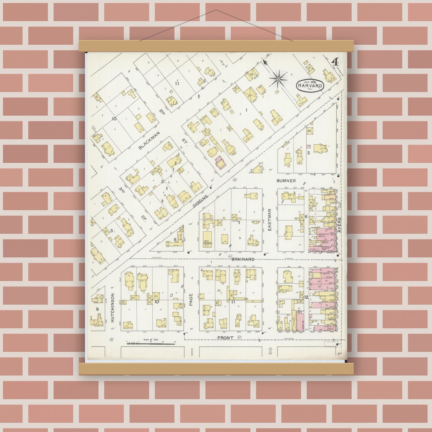 Old map wall art mockup — magnetic wood frame on brick wall — Sanborn Fire Insurance Map from Harvard, McHenry County, Illinois (1892), Sheet #0004