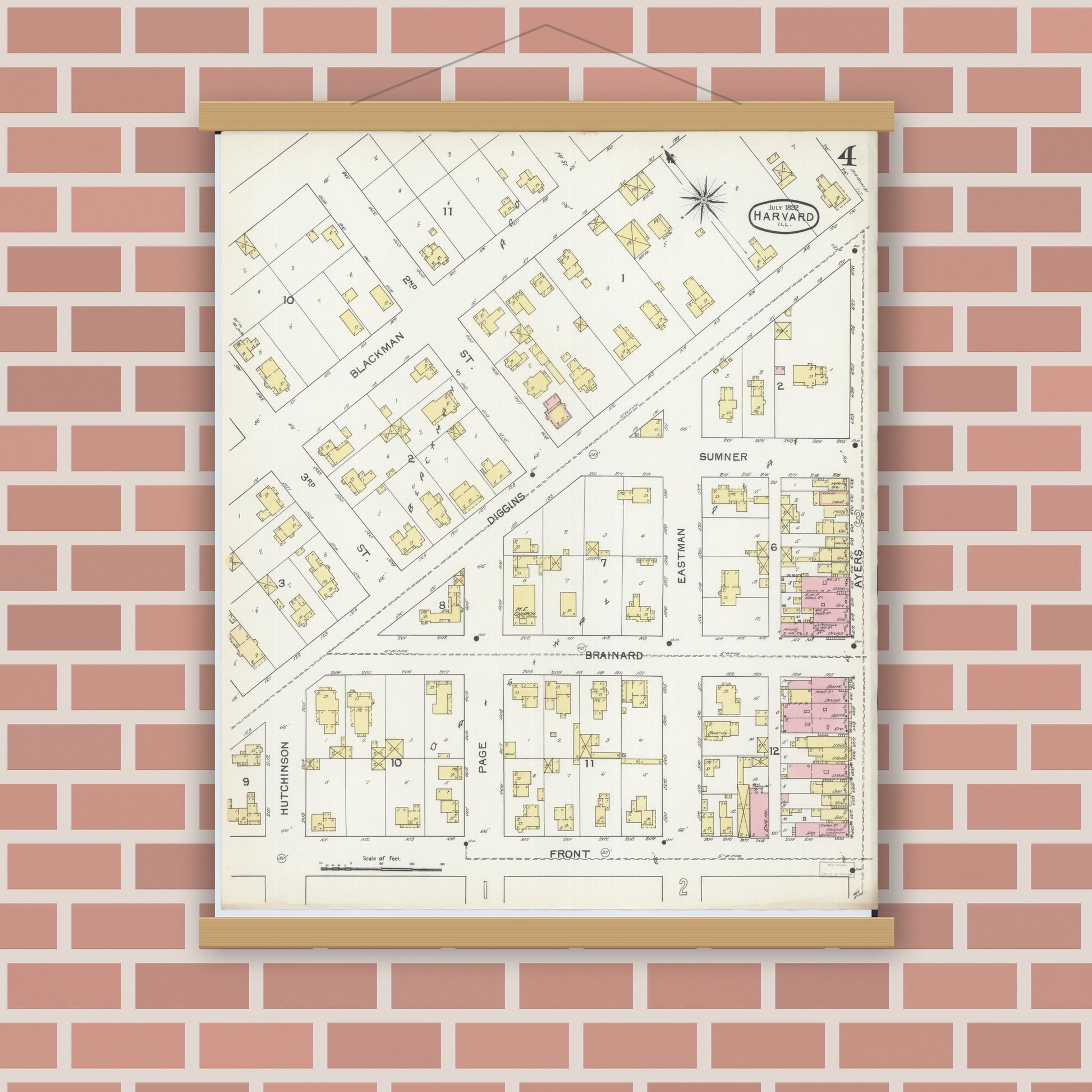 Old map wall art mockup — magnetic wood frame on brick wall — Sanborn Fire Insurance Map from Harvard, McHenry County, Illinois (1892), Sheet #0004